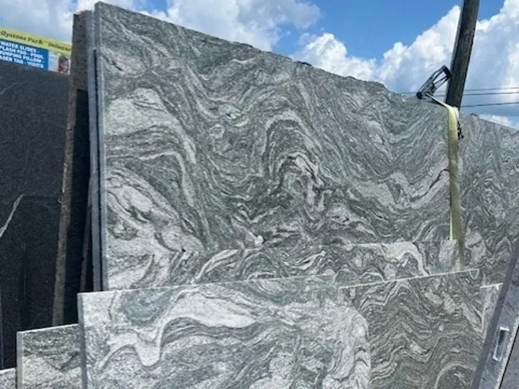 Textured gray marble slabs display